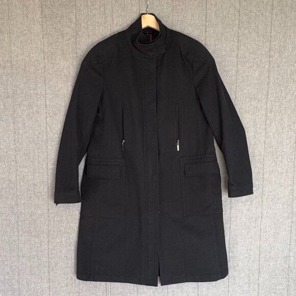 Vintage Y2K Hilfiger Black Stretch Cotton Long Military Midi Coat Size X-Large - Picture 1 of 17